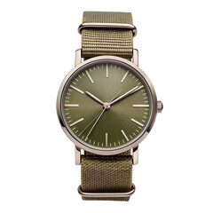 Olive green fabric strap watch front view on transparent background