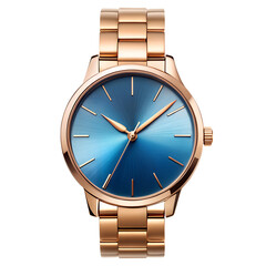 Rose gold and blue dial fashion watch on transparent background