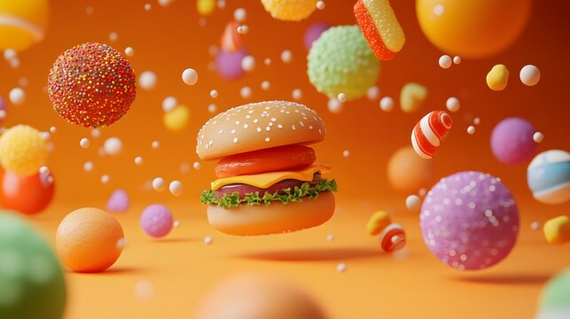 Floating burger surrounded by colorful candy spheres.