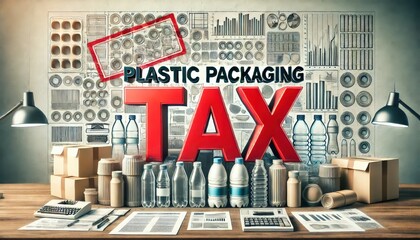 Plastic Packaging Tax Concept With Bottles And Boxes