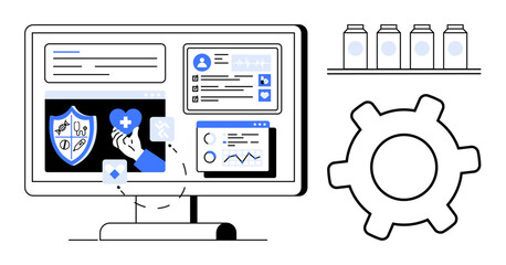 Computer screen showcasing healthcare information, data analytics, and medical profiles. Includes gear element and medication containers. Ideal for technology, healthcare, innovation, data
