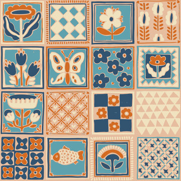Colorful vector seamless pattern inspired by vintage ceramic tiles with floral and geometric motifs. Vector illustration.