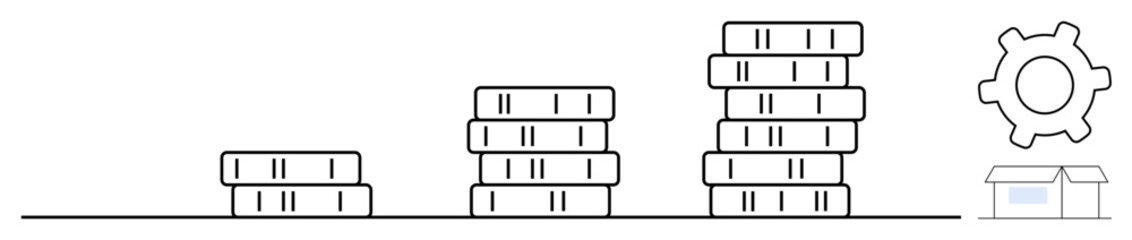 Gradual coin stacks increase near gear and small box symbolizing financial growth. Ideal for finance, savings, investment, business operations, logistics, progress, and strategy. Flat simple metaphor