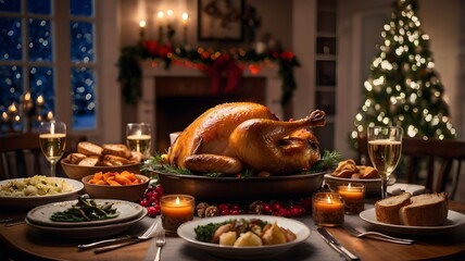 Christmas dinner with roast turkey in the center, classic dishes around and blurred twinkling lights in the background, cozy atmosphere