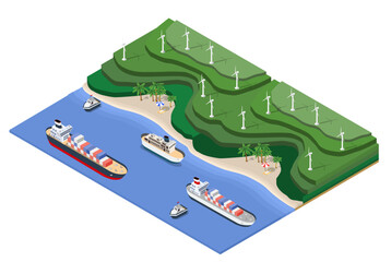 Cargo ships approaching tropical island with wind farm isometric view