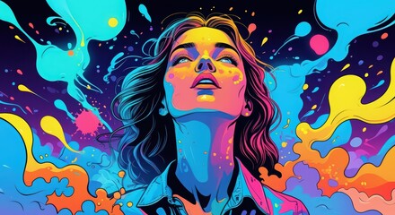 Naklejka premium Colorful woman portrait art painting psychedelic illustration trippy artwork style