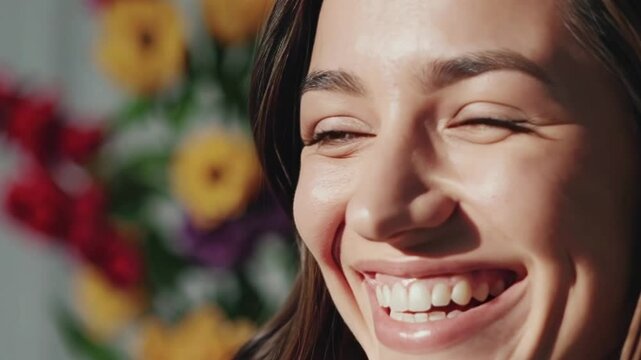Close-up of cheerful woman with flowers behind