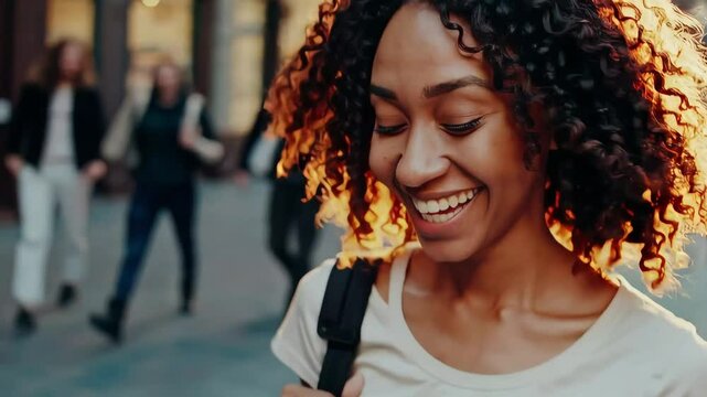 Smiling woman walking through sunny street