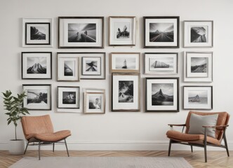 Stylish frame gallery wall; diverse frame shapes & sizes on white wall  Easy customization ,  element,  customizable,  visual