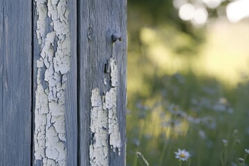 Close-up of weathered, gray wooden planks with peeling white paint, blurred wildflowers in background.