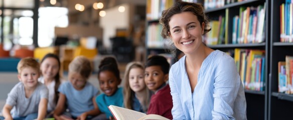 The joyful teacher engaging children in a reading session at the library.
