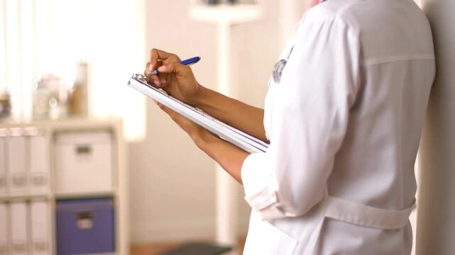 Caucasian doctor holding pen writing patient history list on note pad care,