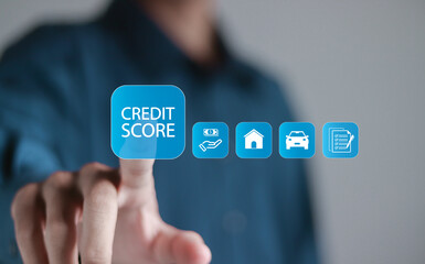 Credit score concept, Online credit score ranking check. student loan, mortgage and payment cards. Person touching credit score icon on virtual screen.