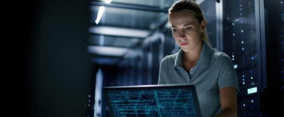 The focused IT professional analyzing data in a modern server room environment.
