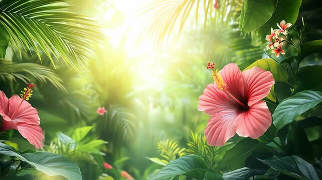 Lush tropical paradise backdrop with hibiscus flowers and sunlit foliage motion graphics
