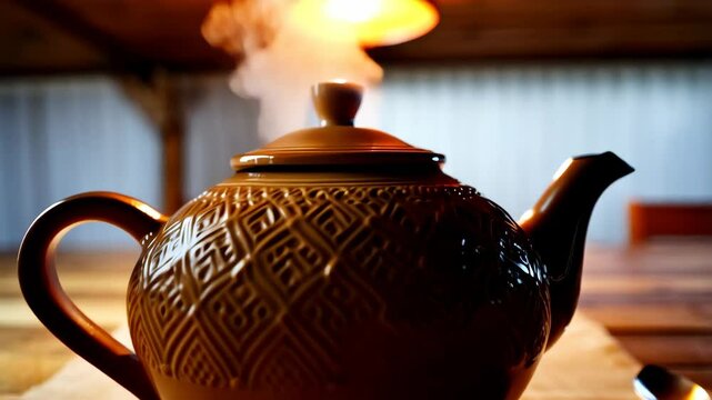 Elegant brown teapot with embossed pattern sits on a wooden table with a cloth and a spoon, creating a warm, inviting atmosphere.