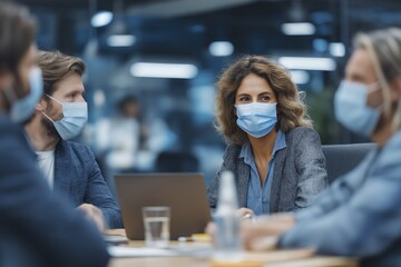 Diverse business meeting: young professionals in masks collaborating indoors