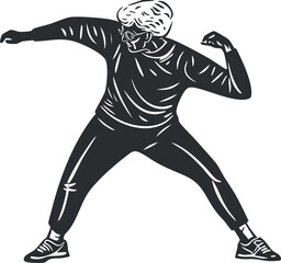 Fototapeta premium Black and white illustration of a senior woman exercising with stretching and dynamic pose for fitness and health