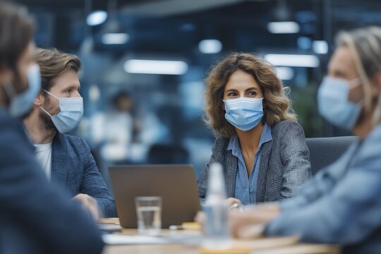Diverse business meeting: young professionals in masks collaborating indoors