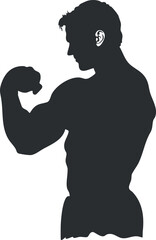 Silhouette of a muscular male bodybuilder flexing arm muscle showing strength and fitness