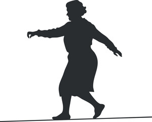 Silhouette of a woman walking with arms extended for balance on a flat surface in side profile.