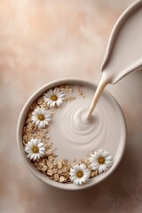 Oat milk streams into cereal bowl adorned with oats and daisies. Soft pastel palette creates calming atmosphere. Concept of healthy breakfast, dairy alternatives, wellness