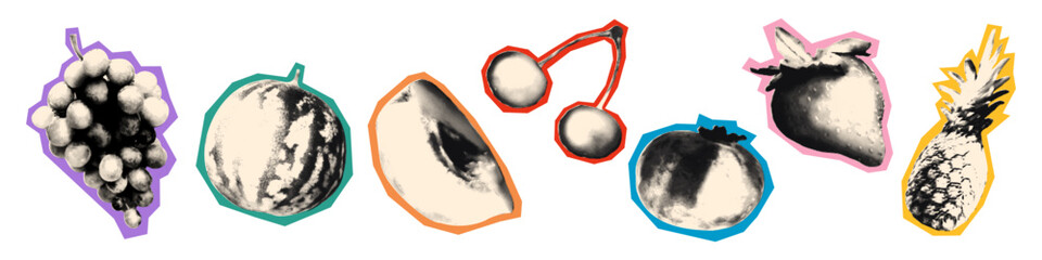 Summer fruits halftone art collage cut outs set. Various paper clipping shapes, grape, peach, cherry, blueberry, strawberry. Modern retro grunge mixed media vector illustration © ugguggu