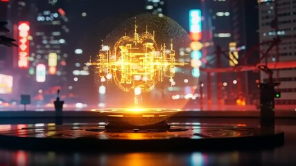 Futuristic cityscape with glowing holographic technology displayed on a pedestal at night - Powered by Adobe