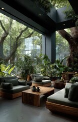 Fototapeta premium Modern hotel lobby overlooking lush tropical forest