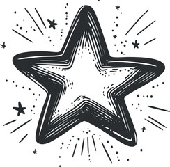 Hand-drawn black and white star illustration with decorative sparkles and bursts