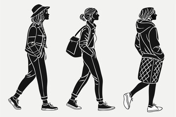 tylish Female Silhouettes Walking – Vector Illustration of Trendy Women in Modern Streetwear Outfits, Side View