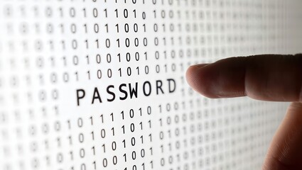 A hand typing the word password on a computer screen filled with binary code.