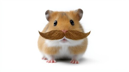 Cute hamster with a comical brown mustache on white background