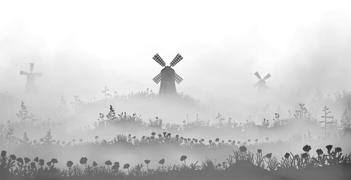 Beautiful windmills inside the fog with summer landscape background. Vector silhouette illustration. Early hazy morning.