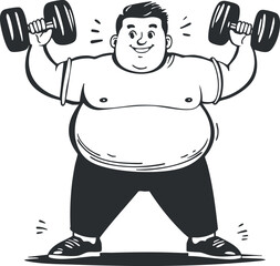 Illustration of an overweight man lifting dumbbells during a workout session for fitness and strength training.