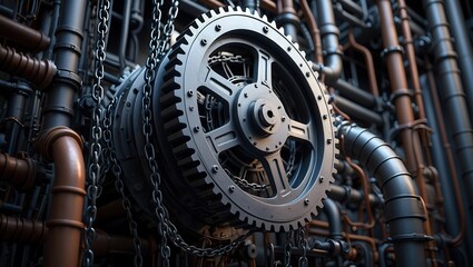 Fototapeta premium A complex mechanical assembly featuring a prominent gear in the center, surrounded by pipes and chains.