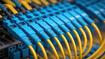 Fototapeta premium A network switch with multiple blue Ethernet ports connected to yellow cables.