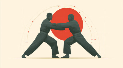 Obraz premium Two men practicing martial arts with japanese sun symbol background