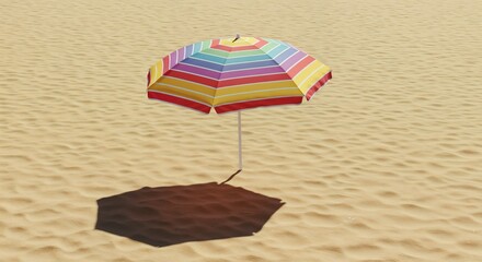 Colorful beach umbrella casting a shadow on sandy beach under bright sunlight
