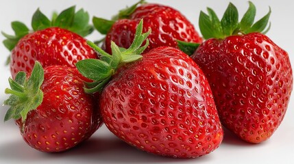 Fresh strawberries on plain bright white background no shadows, juicy and ripe, vibrant food photography