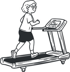 Fototapeta premium Illustration of a senior woman walking on a treadmill for indoor exercise and fitness activity.