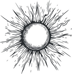 Black and white illustration of a radiant sun with dynamic sunburst rays and a circular center