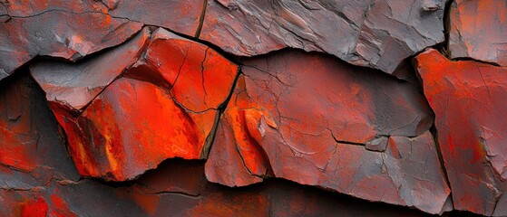 Naklejka premium A close-up view of a rough, textured surface with a mix of dark gray and red hues.