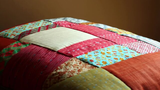Close-up of decorative throw pillow with vibrant patchwork design in colorful fabrics and unique patterns on a simple brown couch.