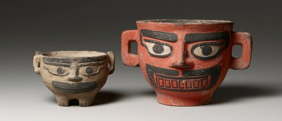 Two ancient clay pots with stylized faces, one red and one beige, sit side by side.