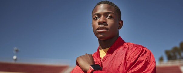 Confident superhero in varsity jacket embracing relaxation under sunny sky
