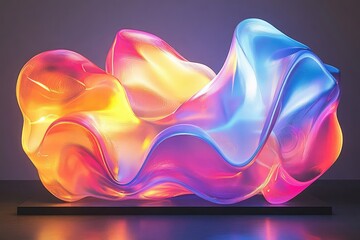 Abstract colorful glass sculpture with flowing, vibrant shapes illuminated with inner light.
