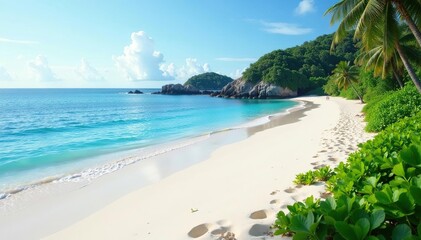 Obraz premium Soft white sand, gentle waves, lush vegetation , water, relaxation
