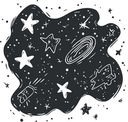 Black and white abstract illustration of outer space with stars, comets, and galaxies