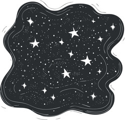 Abstract black and white illustration of stars scattered in a cosmic night sky with a wavy border